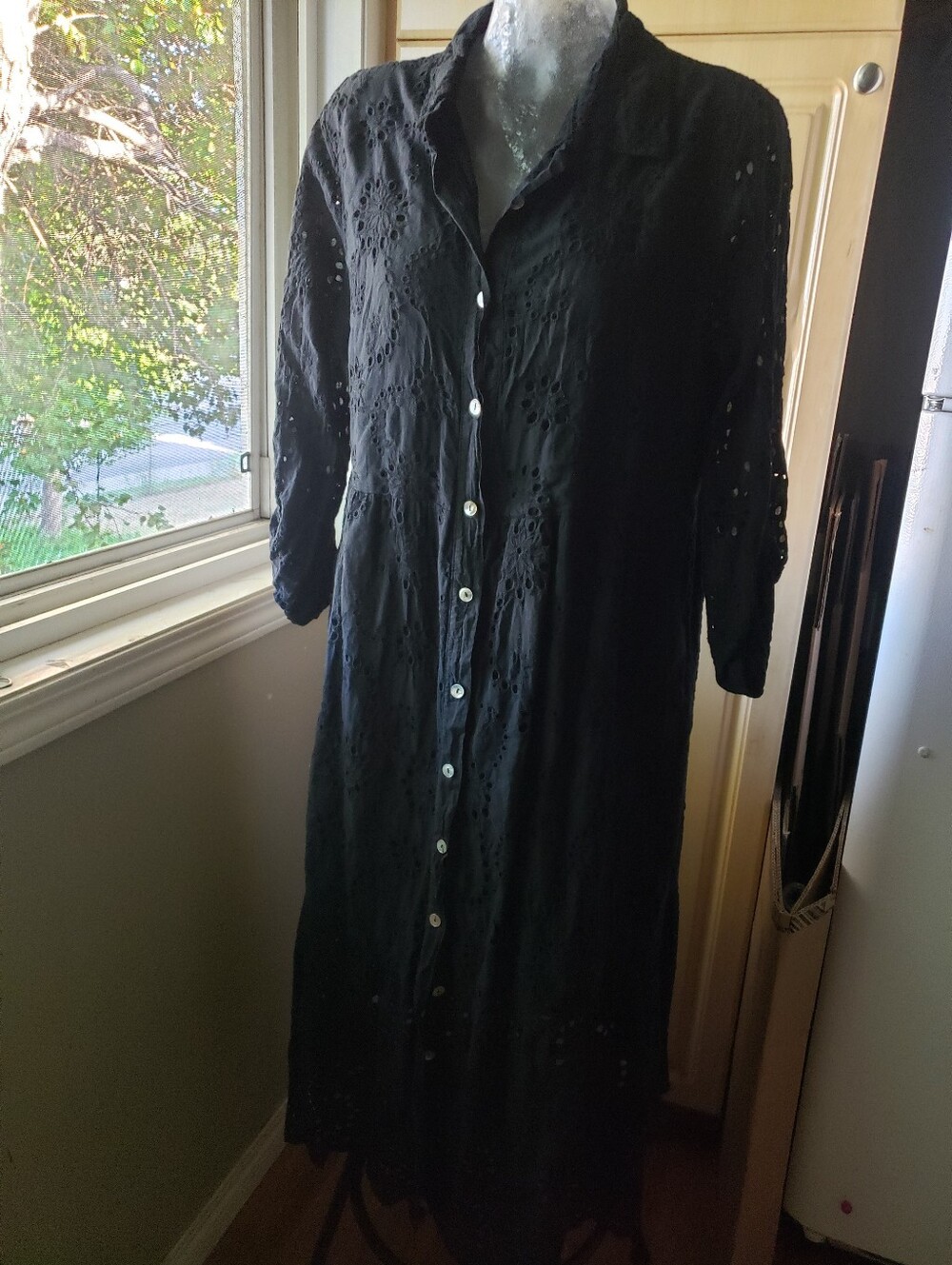Black Cotton Eyelet Button-Front Long Sleeve Maxi Dress